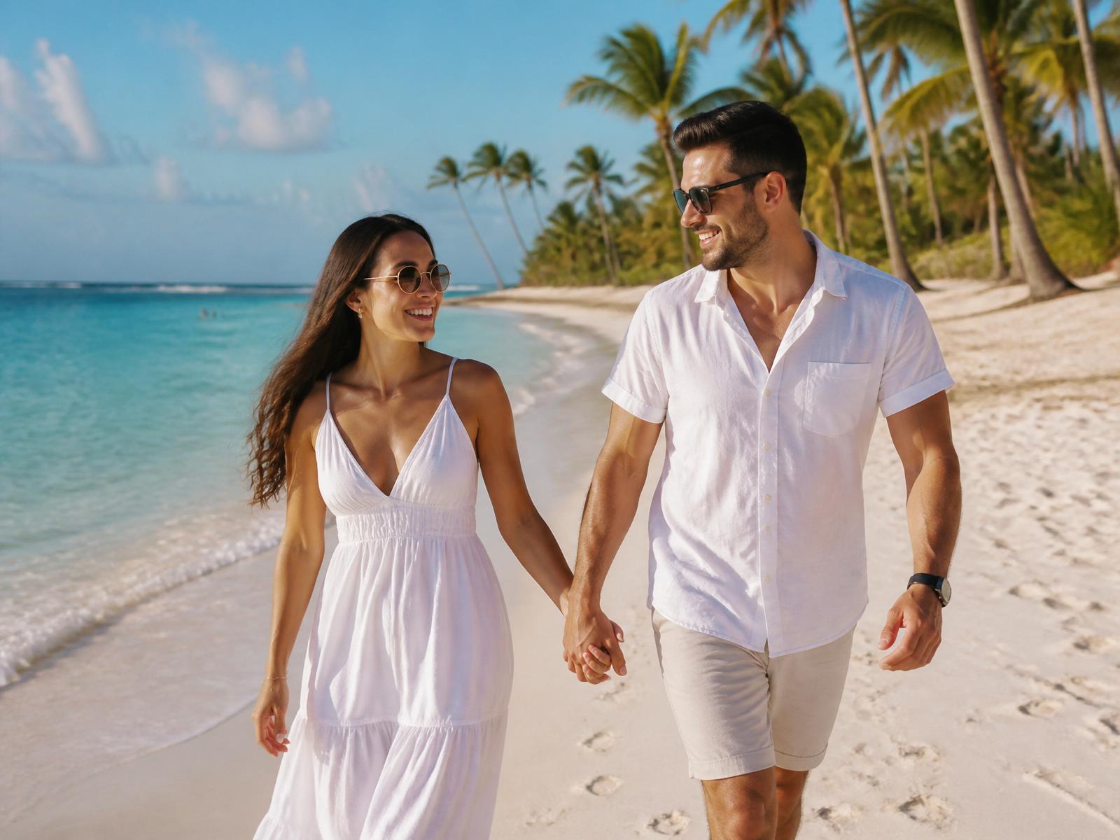 Couple walking on white sand beach in Punta Cana with palm trees
